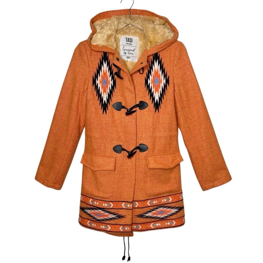 Tasi Malibu Aztec Southwestern Wool Faux Fur Lined Women’s Hooded Coat Sz S - Picture 2 of 14